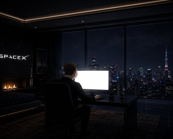 Cartoon Elon alone in a dark luxury penthouse staring at a glowing monitor with the SpaceX logo on the wall